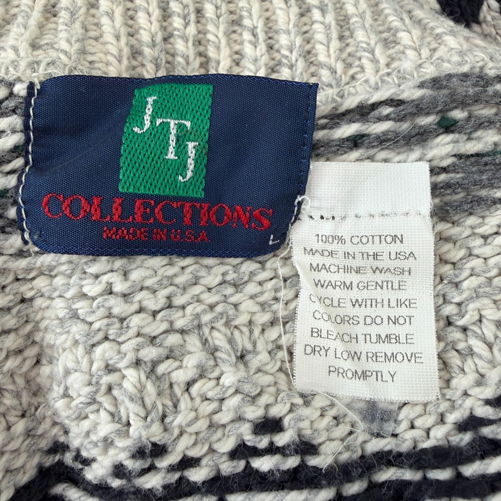 Fair Isle VTG Sweater Cotton Knit Large Grey Black Green - Picture 7 of 8
